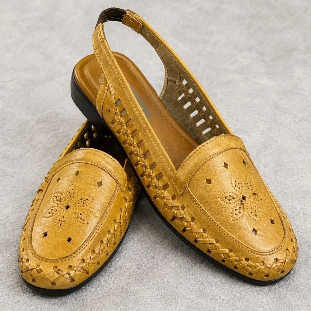 Paces Jen Women's 10W Tan Leather Woven Slingback Loafers Floral Perforated Boho